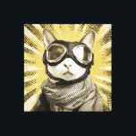 Aviator Cat Goggles Sunburst Portrait Canvas Print<br><div class="desc">A fearless feline aviator gazes straight ahead through oversized leather goggles with shining chrome rims. A cozy plaid scarf wraps the neck while dramatic golden sunburst rays explode behind, studded with dark speckles like an old propeller-plane poster. Warm sepia fur tones contrast the bold retro halo, blending vintage adventure, quiet...</div>