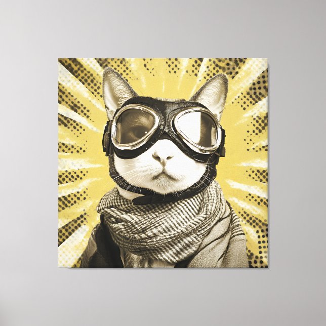 Aviator Cat Goggles Sunburst Portrait Canvas Print (Front)