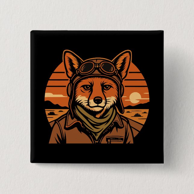 Aviator Fox Flying Foxy Wings 2 Inch Square Button (Front)