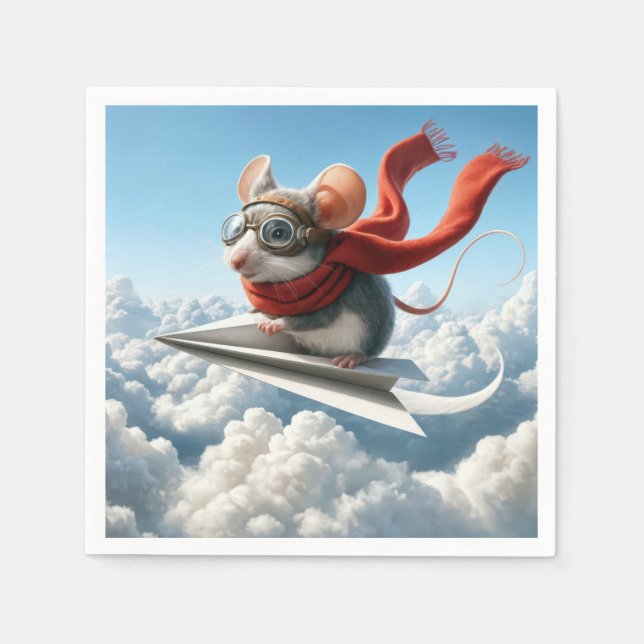 Aviator Mouse Piloting a Paper Airplane Napkin (Front)