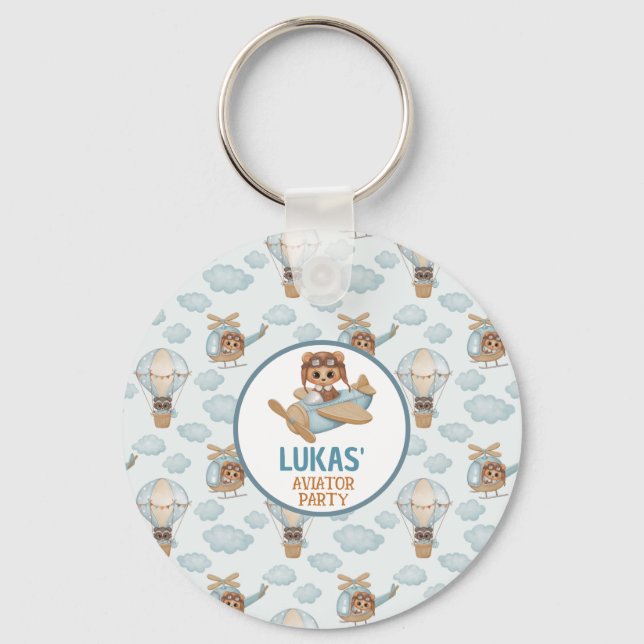 Aviator Party Baby Bear Pastel Blue Birthday Keychain (Front)