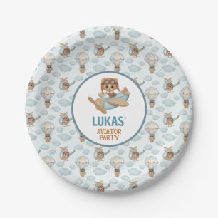 Aviator Party Baby Bear Pastel Blue Birthday Paper Plate