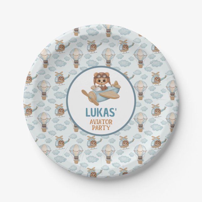 Aviator Party Baby Bear Pastel Blue Birthday Paper Plate (Front)