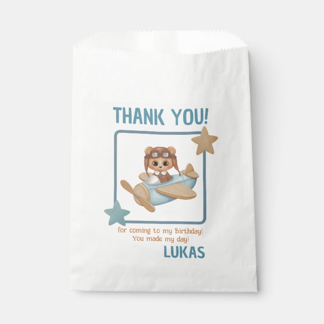 Aviator Party Bear Birthday Thank you Favour Bag (Front)