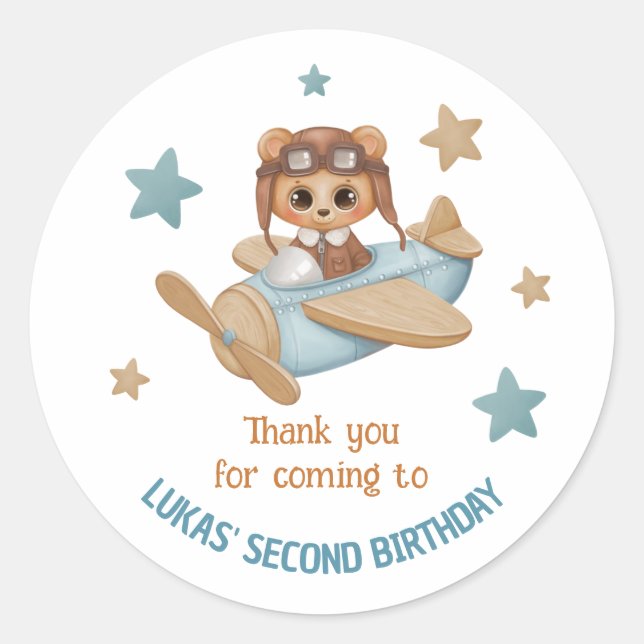 Aviator Party Custom Name Bear Birthday Thank you Classic Round Sticker (Front)