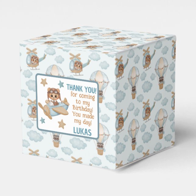 Aviator Party Pilot Bear Birthday Blue Thank you F Favor Box (Front Side)