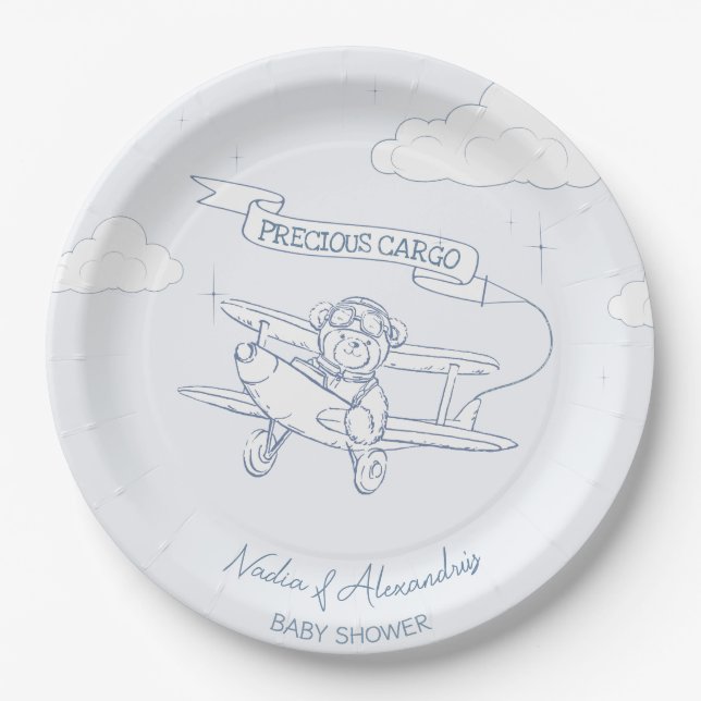 Aviator Pilot Airplane Precious Cargo Baby Shower Paper Plate (Front)