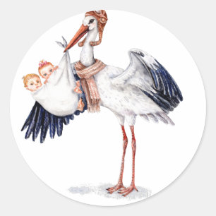 Aviator Stork Carrying Twins Classic Round Sticker