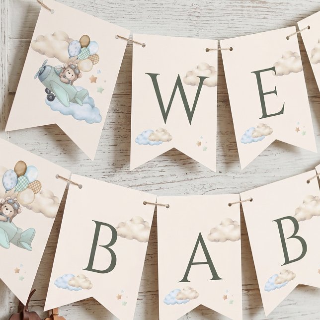 Aviator Teddy Bear Baby Shower Bunting Banner (We Can Bearly Wait Baby Shower Buntin Bunting Flags)