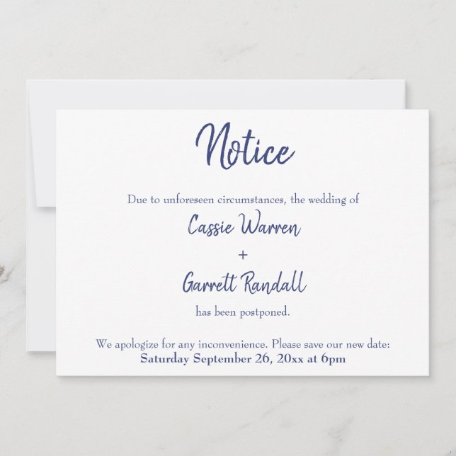 "Avis" Marine White Reporté Mariage Faire-part (Devant)