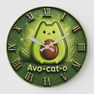 Avo-Cat-O Funny Avocado Cat  Cute Kawaii Kitchen  Large Clock