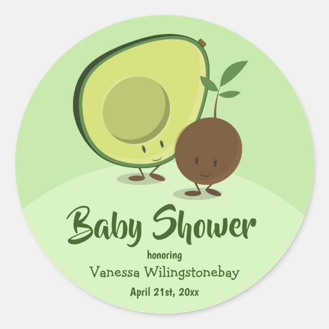 Avocado and Pit Cartoon Character Baby Shower Classic Round Sticker (Front)
