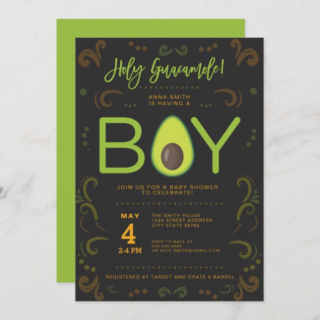Avocado Baby Shower Boy Guacamole Taco Party Invitation (Front/Back)