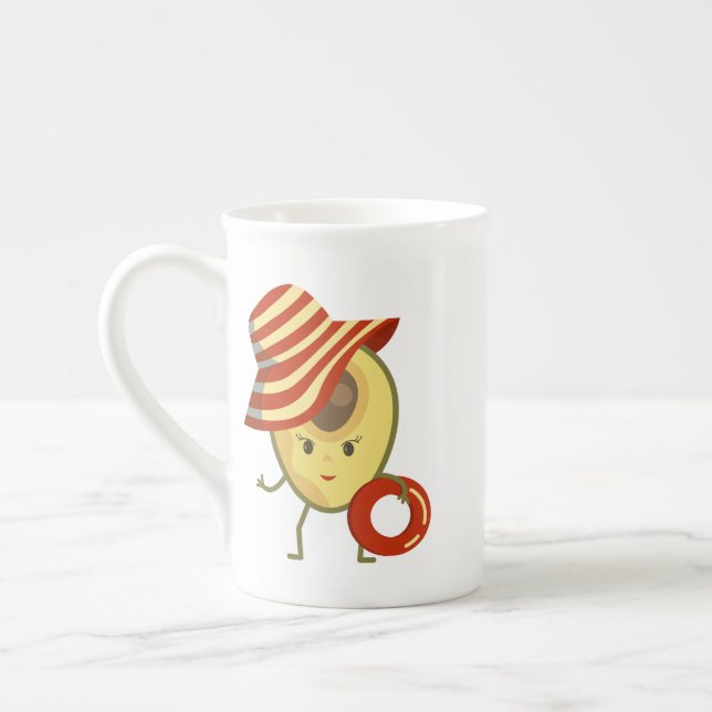 Avocado beach girl with sun hat and swim ring bone china mug (Left)
