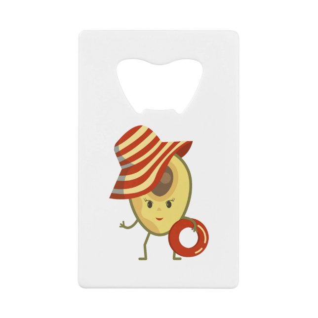 Avocado beach girl with sun hat and swim ring credit card bottle opener (Front)