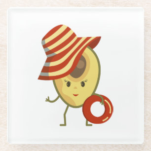 Avocado beach girl with sun hat and swim ring glass coaster