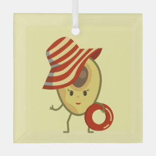 Avocado beach girl with sun hat and swim ring glass ornament