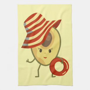 Avocado beach girl with sun hat and swim ring kitchen towel