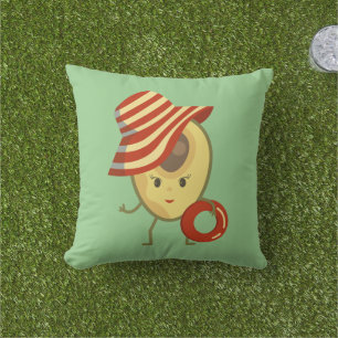 Avocado beach girl with sun hat and swim ring outdoor pillow