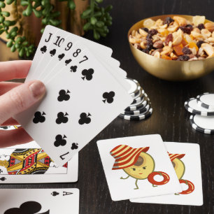 Avocado beach girl with sun hat and swim ring playing cards