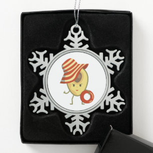 Avocado beach girl with sun hat and swim ring snowflake pewter christmas ornament