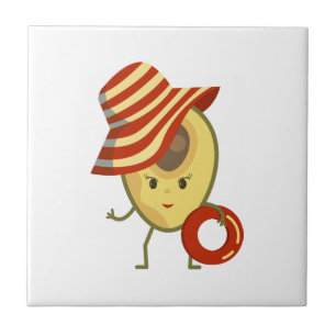 Avocado beach girl with sun hat and swim ring tile