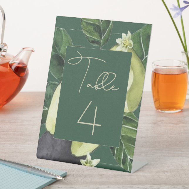Avocado Blossoms | Dark Green Rustic Fruit Party Pedestal Sign (In SItu)