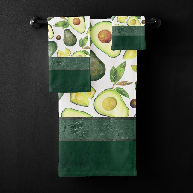 Avocado Blossoms | Dark Green Rustic Fruit Pattern Bath Towel Set (Creator Uploaded)