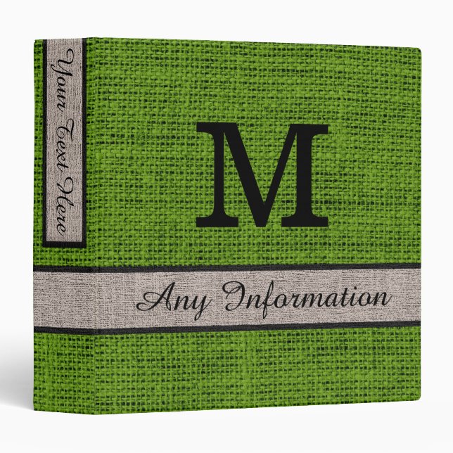 Avocado Burlap Linen Monogram Binder (Front/Spine)