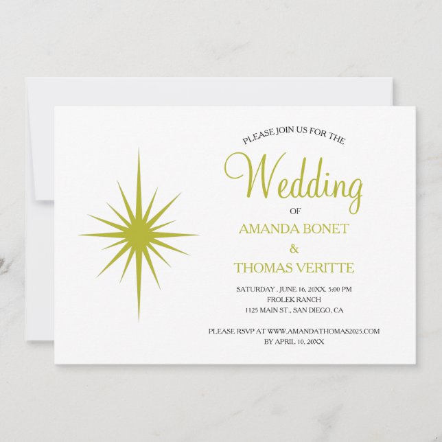 Avocado Green Atomic Starburst Mid Century Wedding Invitation (Front)