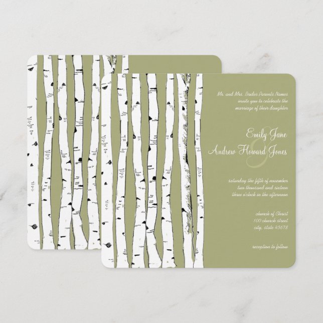 Avocado Green Birch Tree Wedding Invitations (Front/Back)
