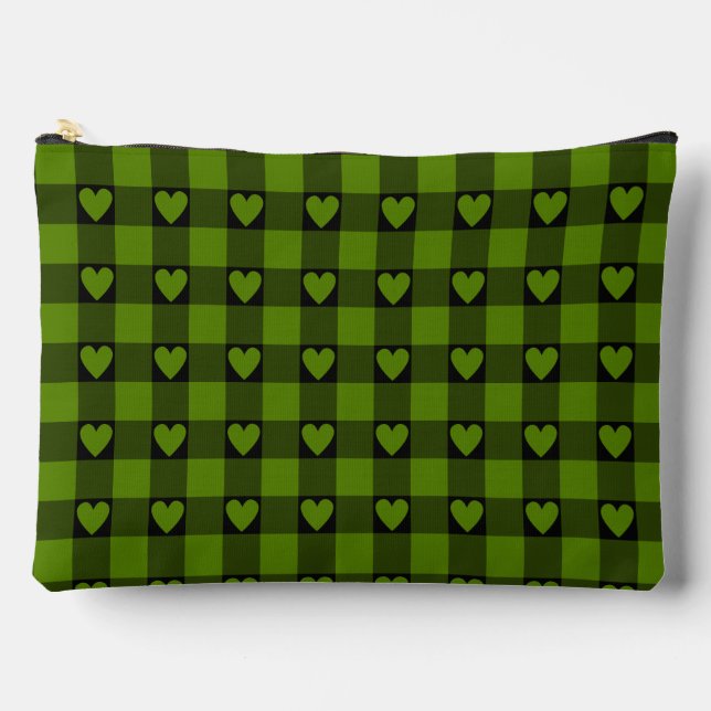 Avocado Green Black Buffalo Heart Plaid Accessory Pouch (Front)
