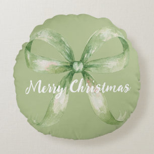 Avocado Green Bow Christmas Round Pillow