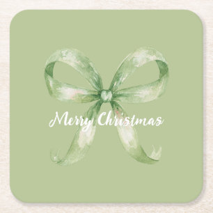 Avocado Green Bow Christmas Square Paper Coaster