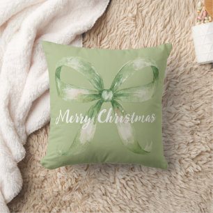 Avocado Green Bow Christmas Throw Pillow