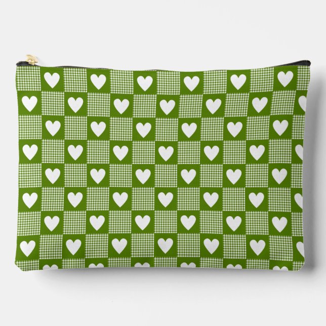 Avocado Green Gingham Heart Patch Plaid Accessory Pouch (Front)
