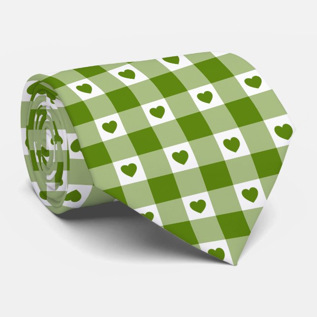 Avocado Green Heart Plaid Gingham Retro Neck Tie (Rolled)