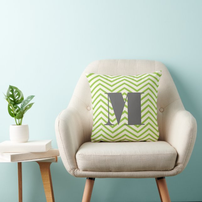 Avocado Green Ivory and Grey Monogram Zig Zag Throw Pillow (Chair)
