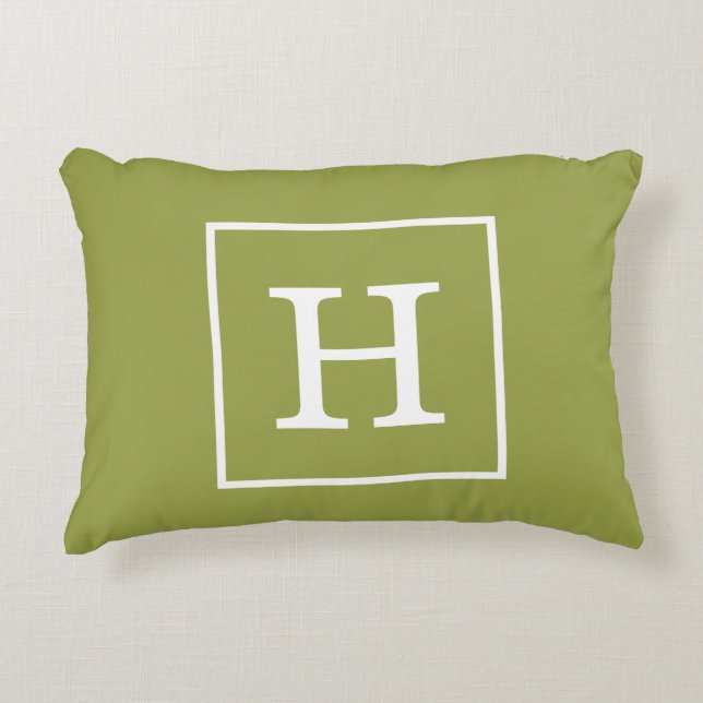 Avocado Green White Framed Initial Monogram Accent Pillow (Front)