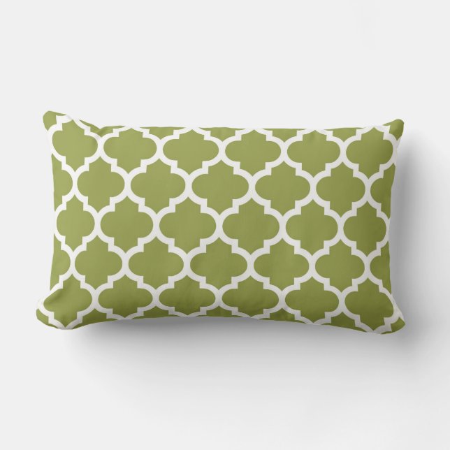 Avocado Green White Moroccan Quatrefoil Pattern #5 Lumbar Pillow (Front)