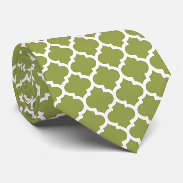 Avocado Green White Moroccan Quatrefoil Pattern #5 Tie (Rolled)