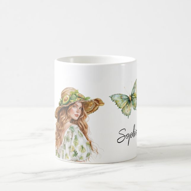 Avocado Hat Butterfly Red Head Female Coffee Mug (Center)