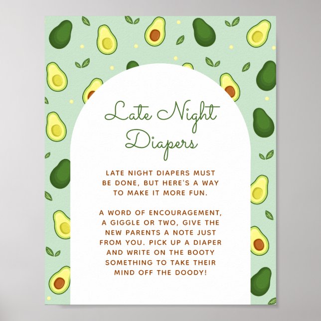 Avocado Late Night Diapers Baby Shower Sign Poster (Front)