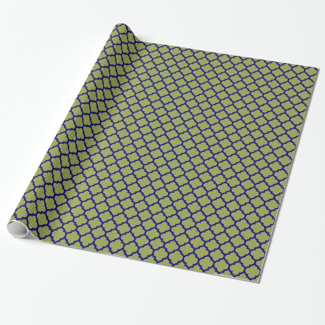 Avocado Navy Blue Moroccan Quatrefoil Pattern #5 Wrapping Paper (Unrolled)