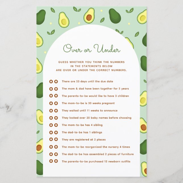 Avocado Over or Under Baby Shower Game (Front)