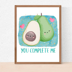 Avocado You Complete Me Love Kawaii Watercolor Poster