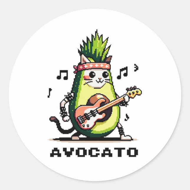 Avocato Bassist - Punk Cat Avocado Pixel Art Classic Round Sticker (Front)