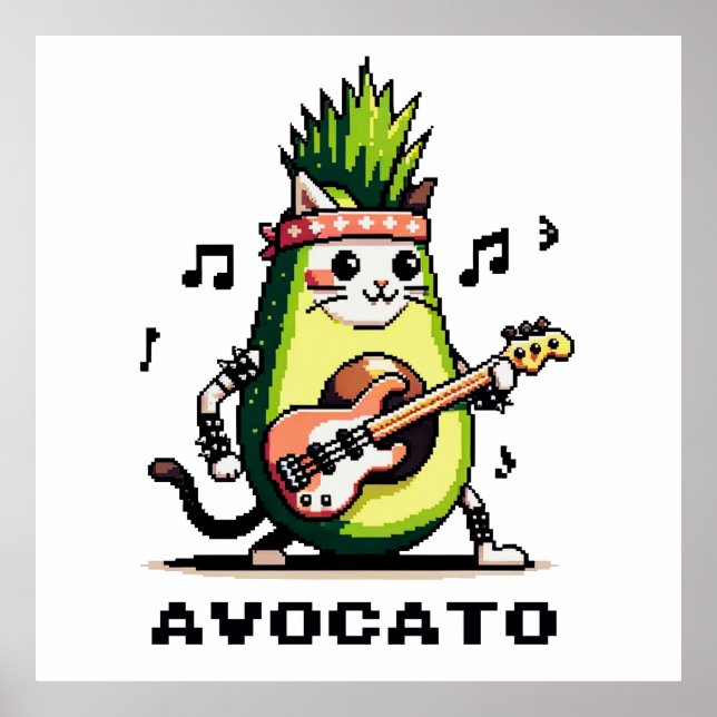 Avocato Bassist - Punk Cat Avocado Pixel Art Poster (Front)