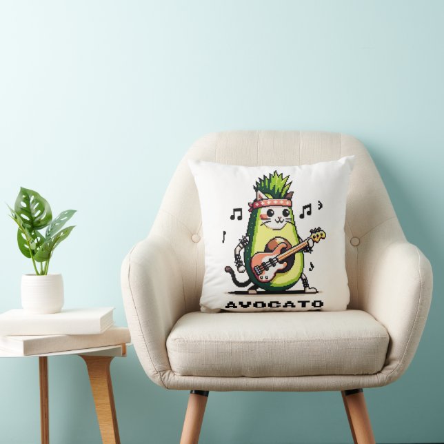 Avocato Bassist - Punk Cat Avocado Pixel Art Throw Pillow (Chair)