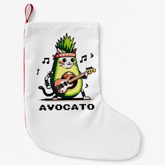 Avocato - Funny Pixel Art Avocado Cat Playing Bass Small Christmas Stocking (Front)